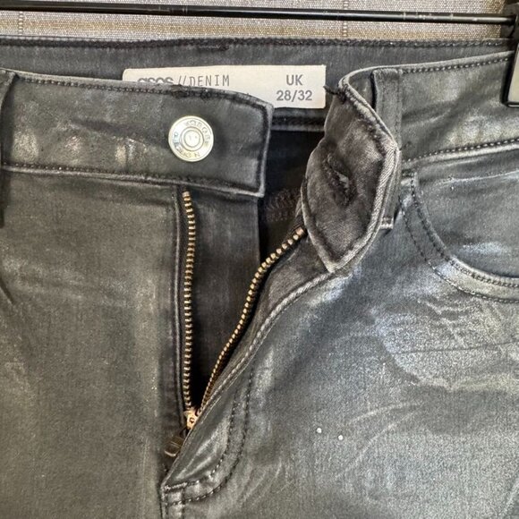 Asos Black Coated Stretch Denim Emo Y2K Festival Rocker Flare Leg Jeans Size - Picture 4 of 9